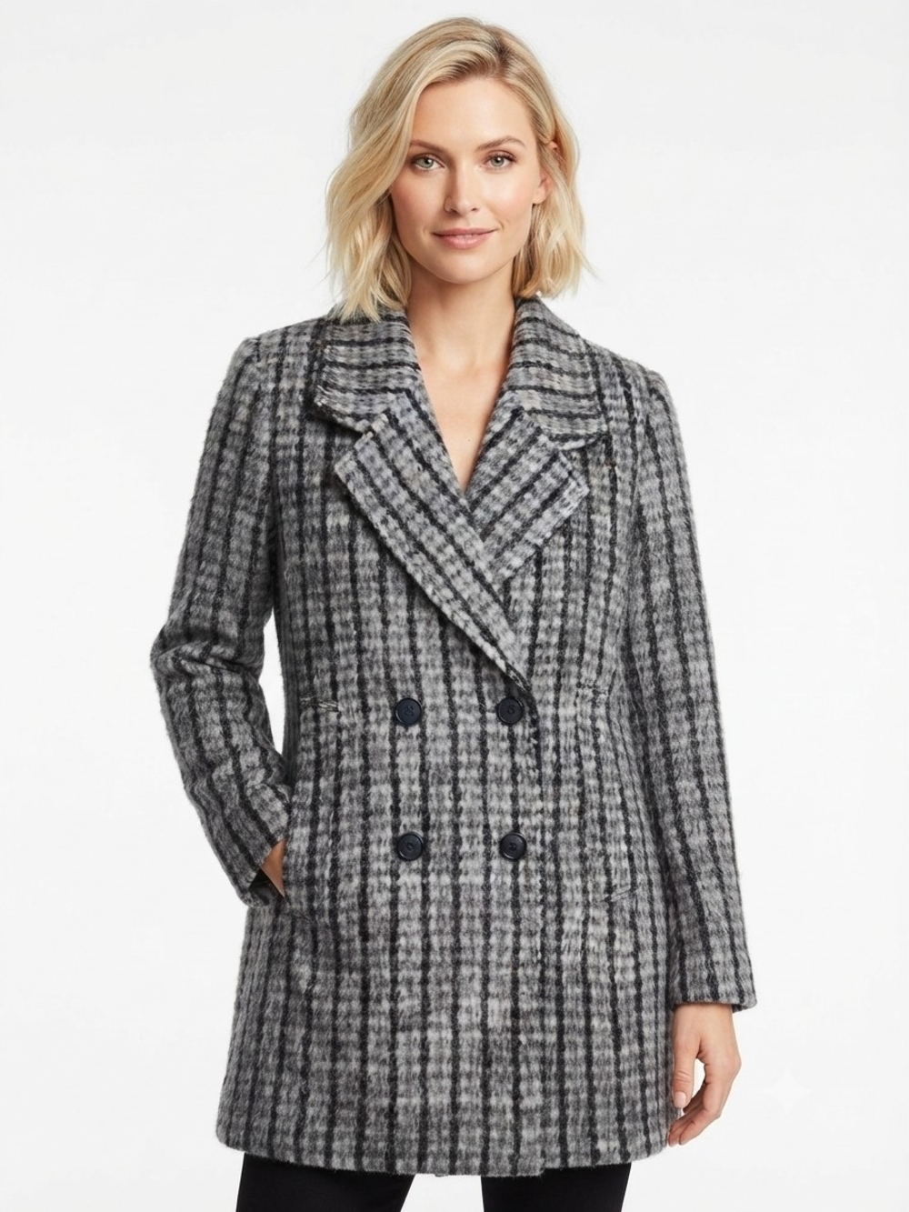 Treasure & Bond Gray Black Plaid Wool Blend Double Breasted Coat M NWT